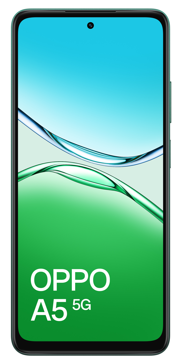 Smartfon OPPO A5 5G z niebiesko-zielonym tłem.