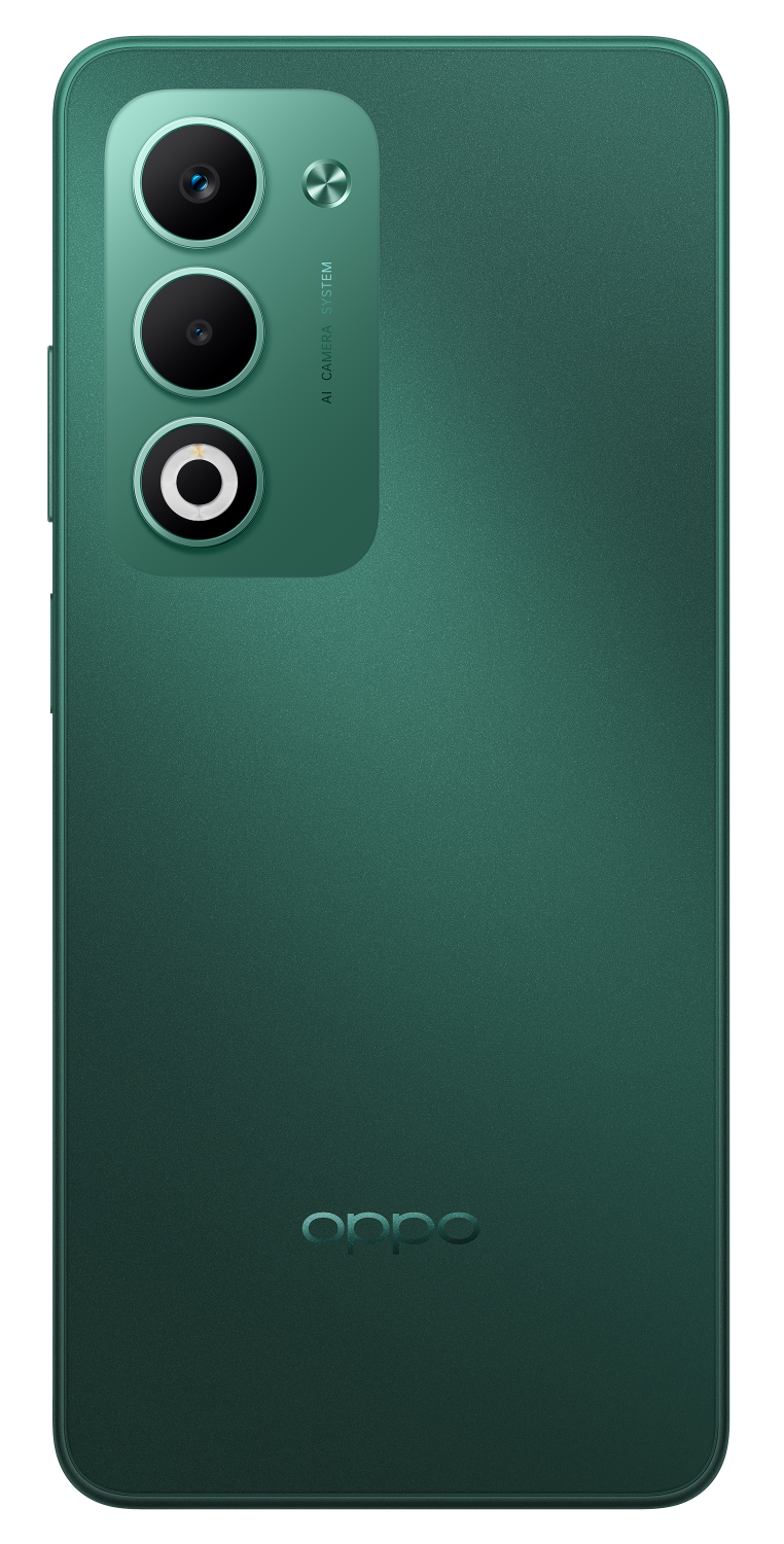 Zielony smartfon z trzema aparatami i logo OPPO z tyłu.