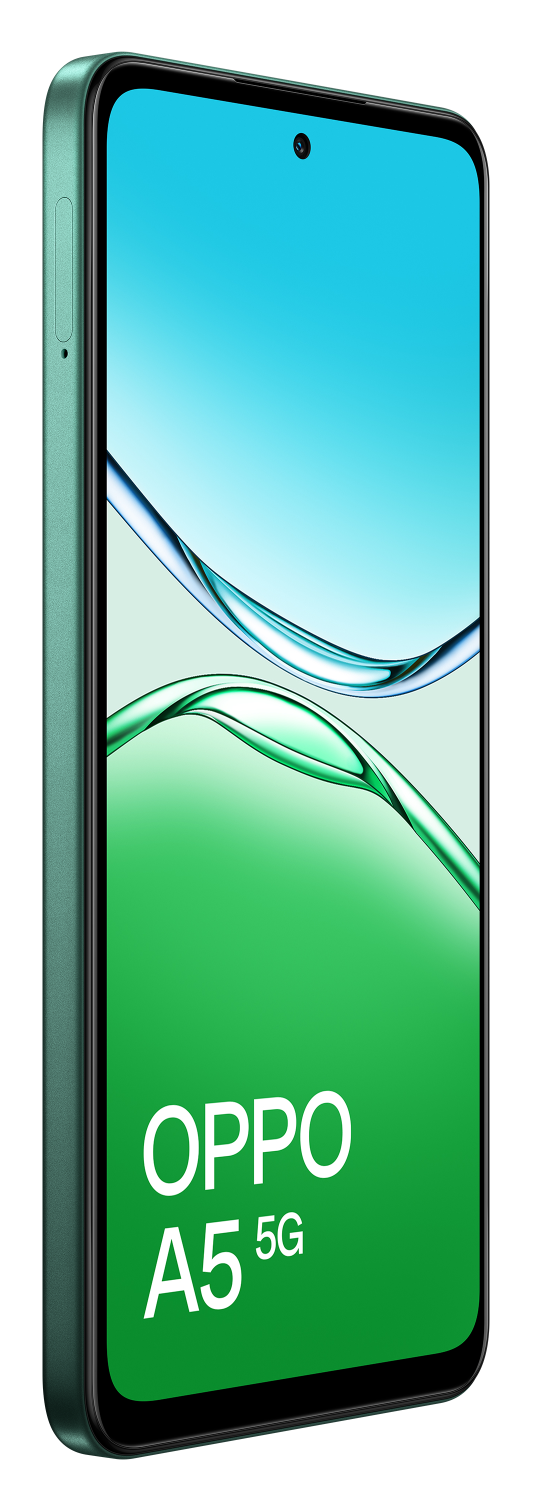 Zielony smartfon OPPO A5 5G z wzorem fal na ekranie.