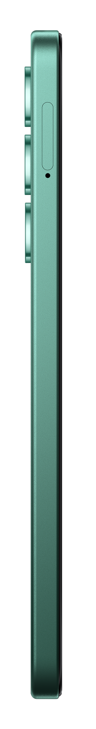 Bok turkusowego smartfona z przyciskami i gniazdem.