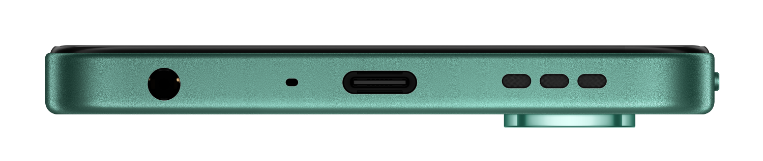 Zielony smartfon z boku: gniazdo słuchawkowe, mikrofon, USB-C, głośniki.