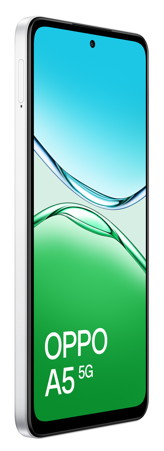 Biały smartfon OPPO A5 5G z żywym ekranem.