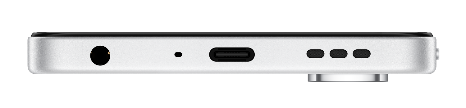 Srebrna obudowa smartfona z portami: gniazdo słuchawkowe, USB-C, mikrofon i grill głośnika.