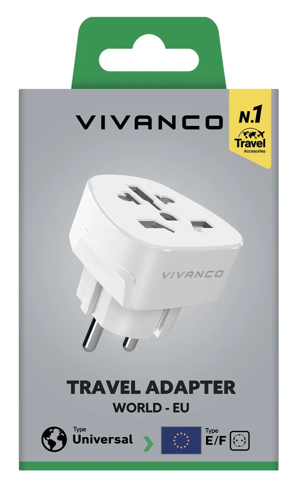 Biały adapter podróżny Vivanco z uniwersalnego na EU, typ E/F.