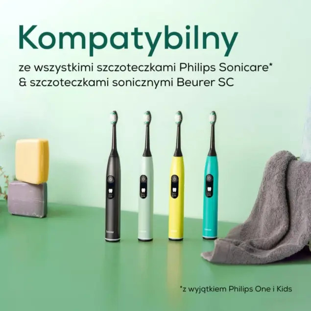 Cztery elektryczne szczoteczki do zębów w kolorach czarnym, miętowym, żółtym i turkusowym stoją obok siebie.