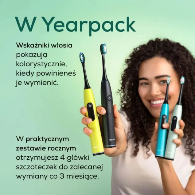 Kobieta trzyma cztery żółte, czarne, turkusowe i jasnozielone szczoteczki elektryczne.