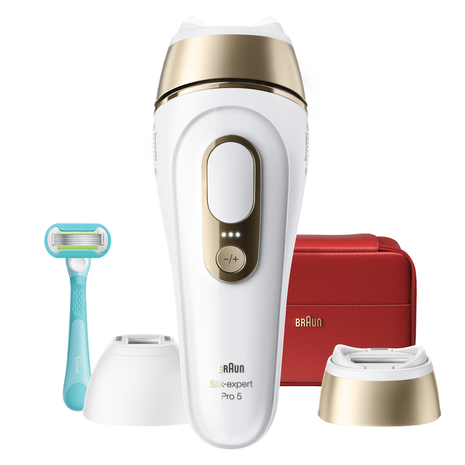 Un depilador IPL Braun blanco con detalles dorados, maquinilla, base y neceser.