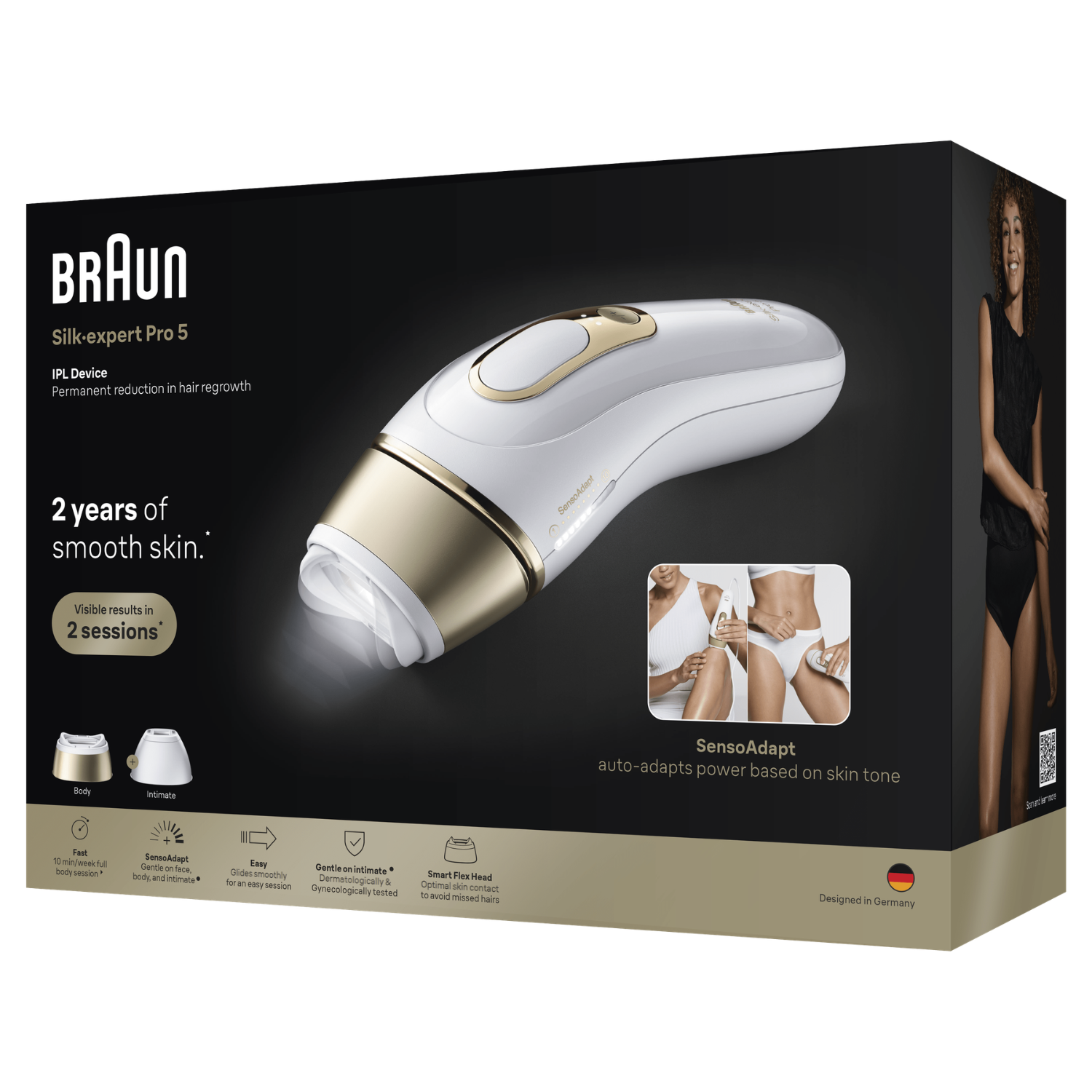 Dispositivo IPL Braun Silk-expert Pro 5 con accesorios y modelo. Oro y blanco.