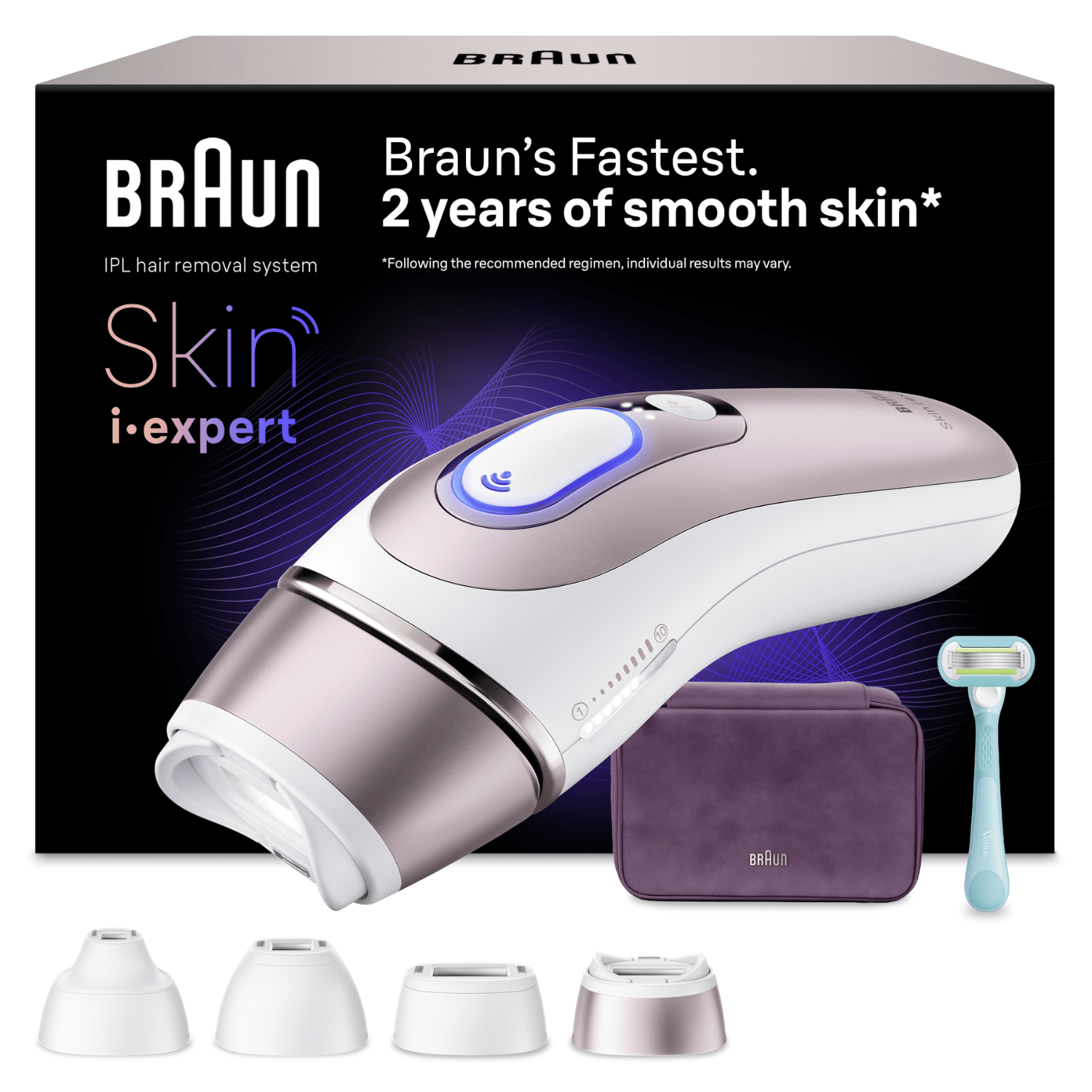 Dispositivo Braun IPL depilador con accesorios, estuche y cuchilla.