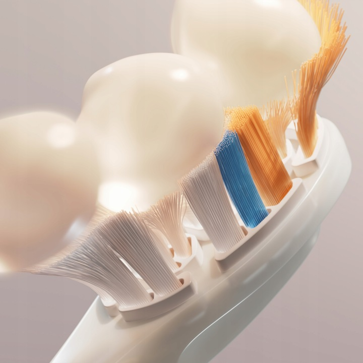 Zbliżenie szczoteczki do zębów z pastą w kształcie bąbelków.