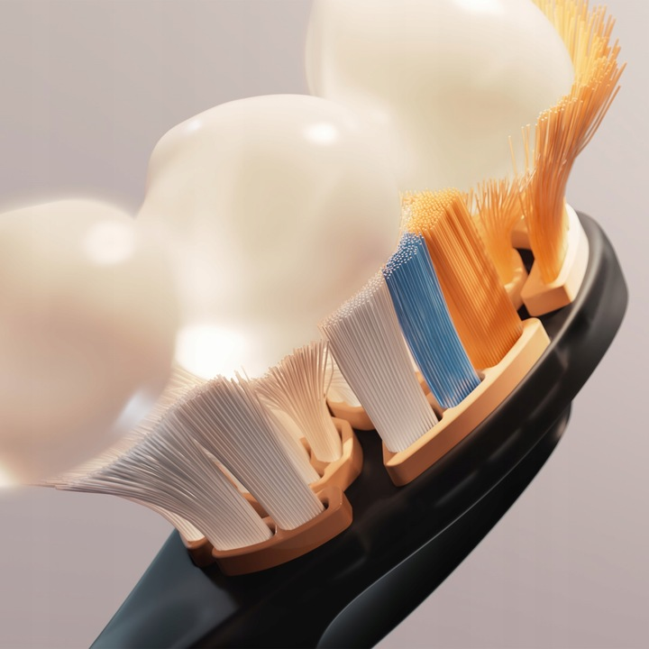 Zbliżenie szczoteczki do zębów z białym włosiem i pianą.