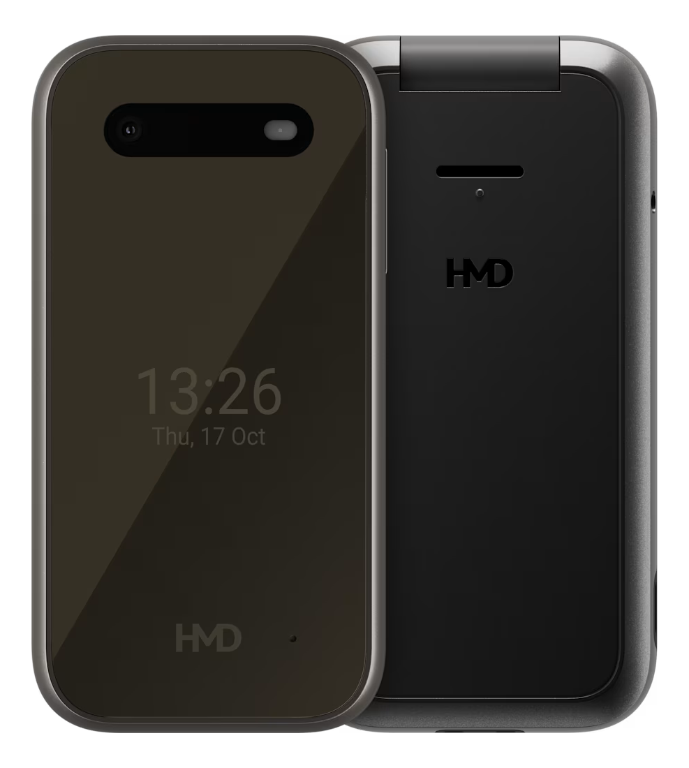 Dwa telefony klapki, jeden brązowy z ekranem, drugi czarny. Widoczne logo HMD.