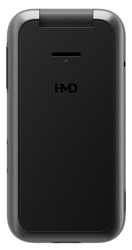 Zamknięta czarna Motorola z srebrną ramką i logo HMD.