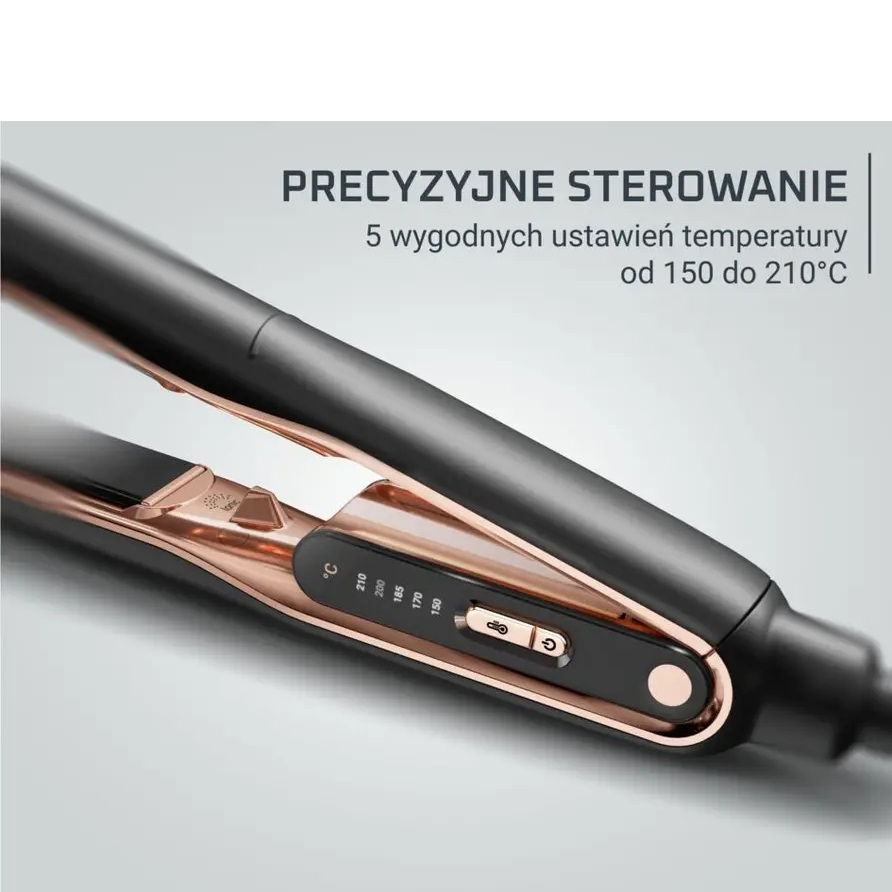 Czarna prostownica z różowo-złotymi akcentami i regulacją temp.