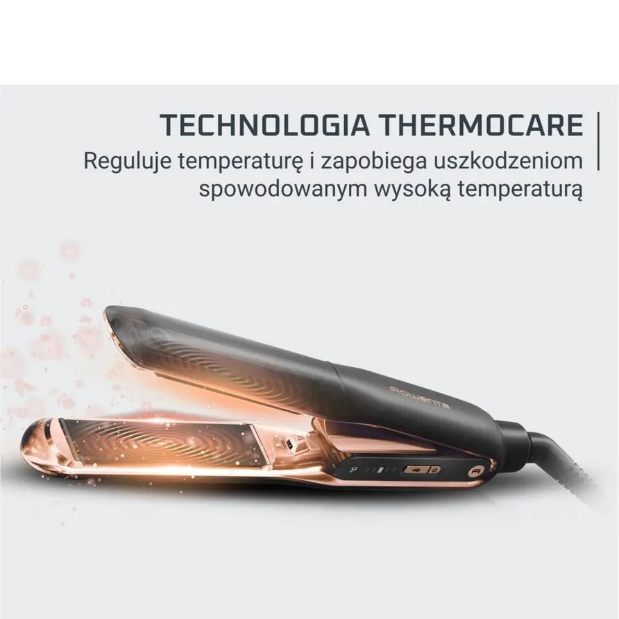 Otwarta czarna i miedziana prostownica z podświetlanymi płytkami i tekstem.