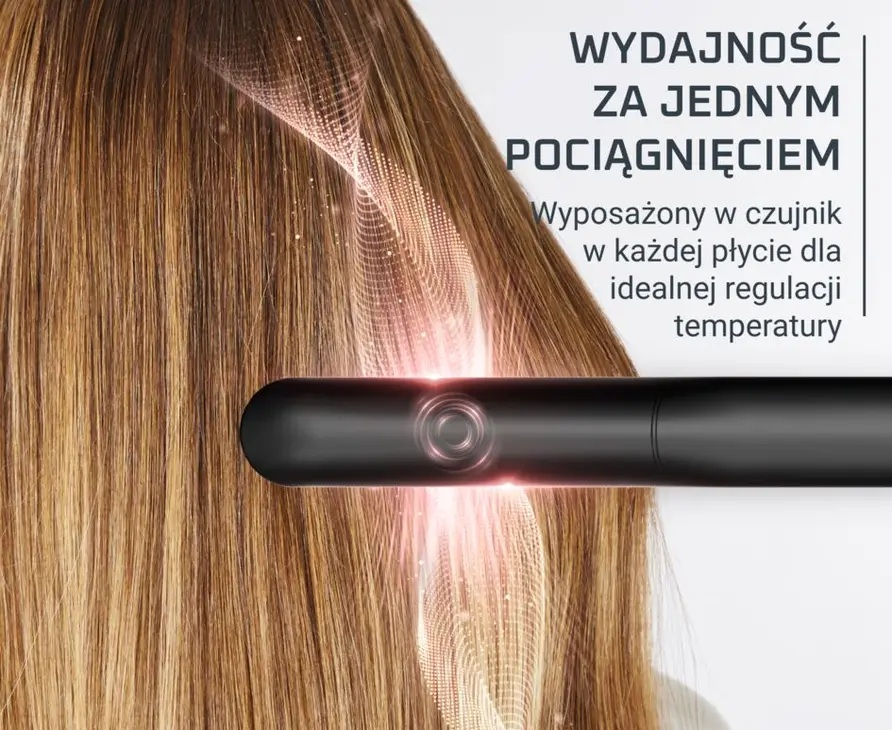 Czarna prostownica wygładza brązowe włosy. Cyfrowe fale.