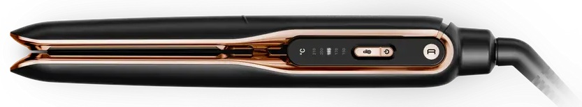 Czarna prostownica z detalami w kolorze różowego złota i cyfrowymi kontrolkami.