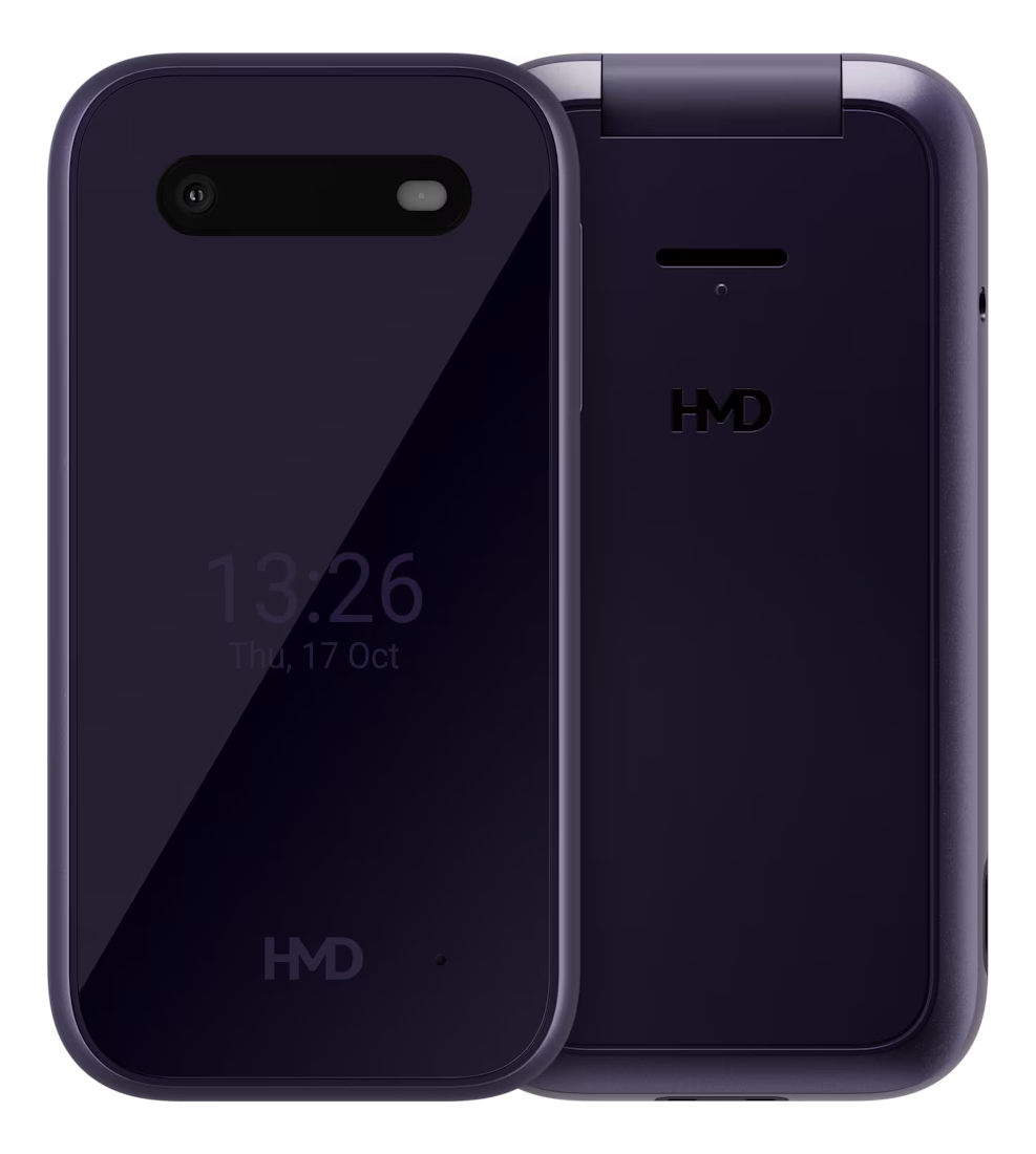 Zamknięty i otwarty ciemnofioletowy telefon na klapkę obok siebie.