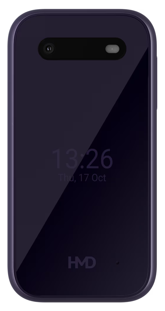 Ciemnofioletowy smartfon z kamerami i godziną 13:26.
