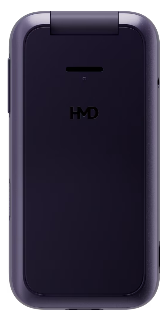 Zamknięty, ciemnofioletowy telefon z klapką i logo HMD.
