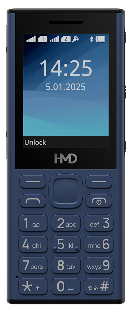 Niebieski telefon komórkowy HMD z klawiaturą wyświetla 14:25 i „Odblokuj“.