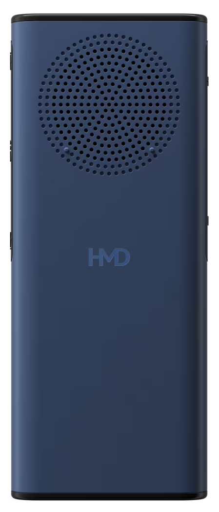 Niebieskie urządzenie HMD z perforowanym głośnikiem na górze i logo.