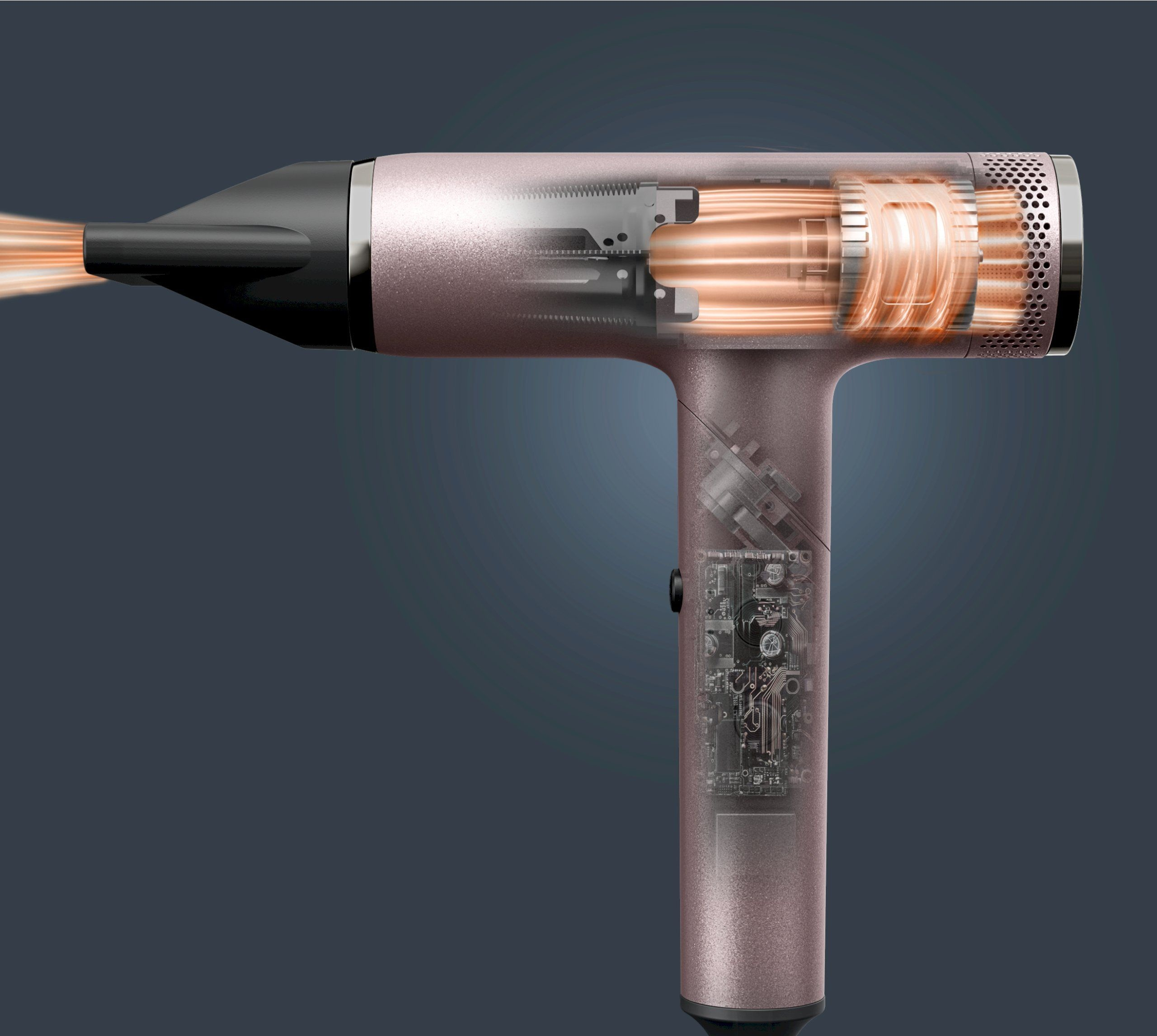 Różowo-złota suszarka do włosów w przekroju, ukazująca miedziane zwoje i wewnętrzną elektronikę.