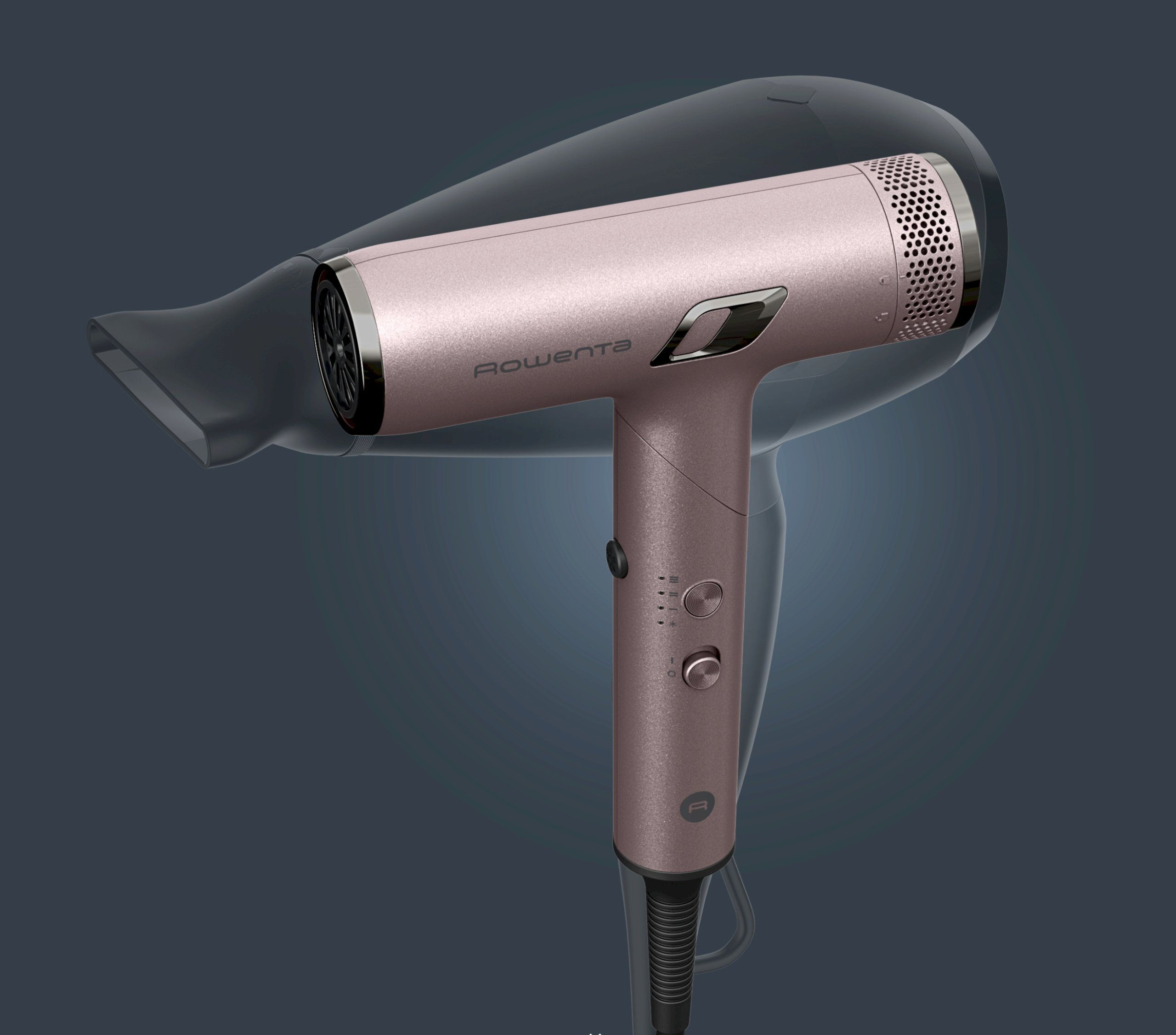 Jasnoróżowa suszarka do włosów Rowenta z czarną dyszą i kontrolkami.