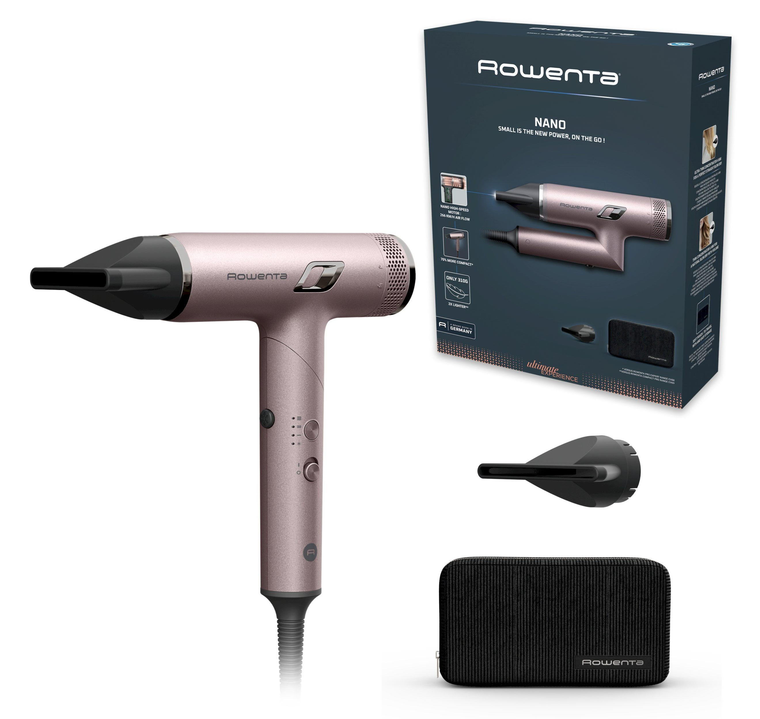 Różowo-złota suszarka do włosów z akcesoriami i opakowaniem na białym tle.