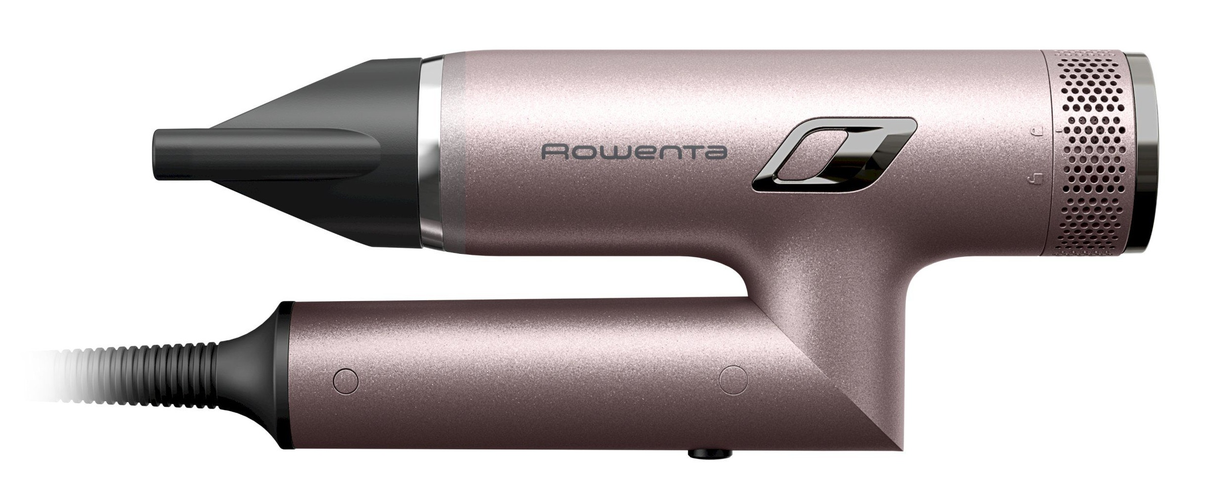 Jasnoróżowa suszarka do włosów z czarną dyszą i kablem.