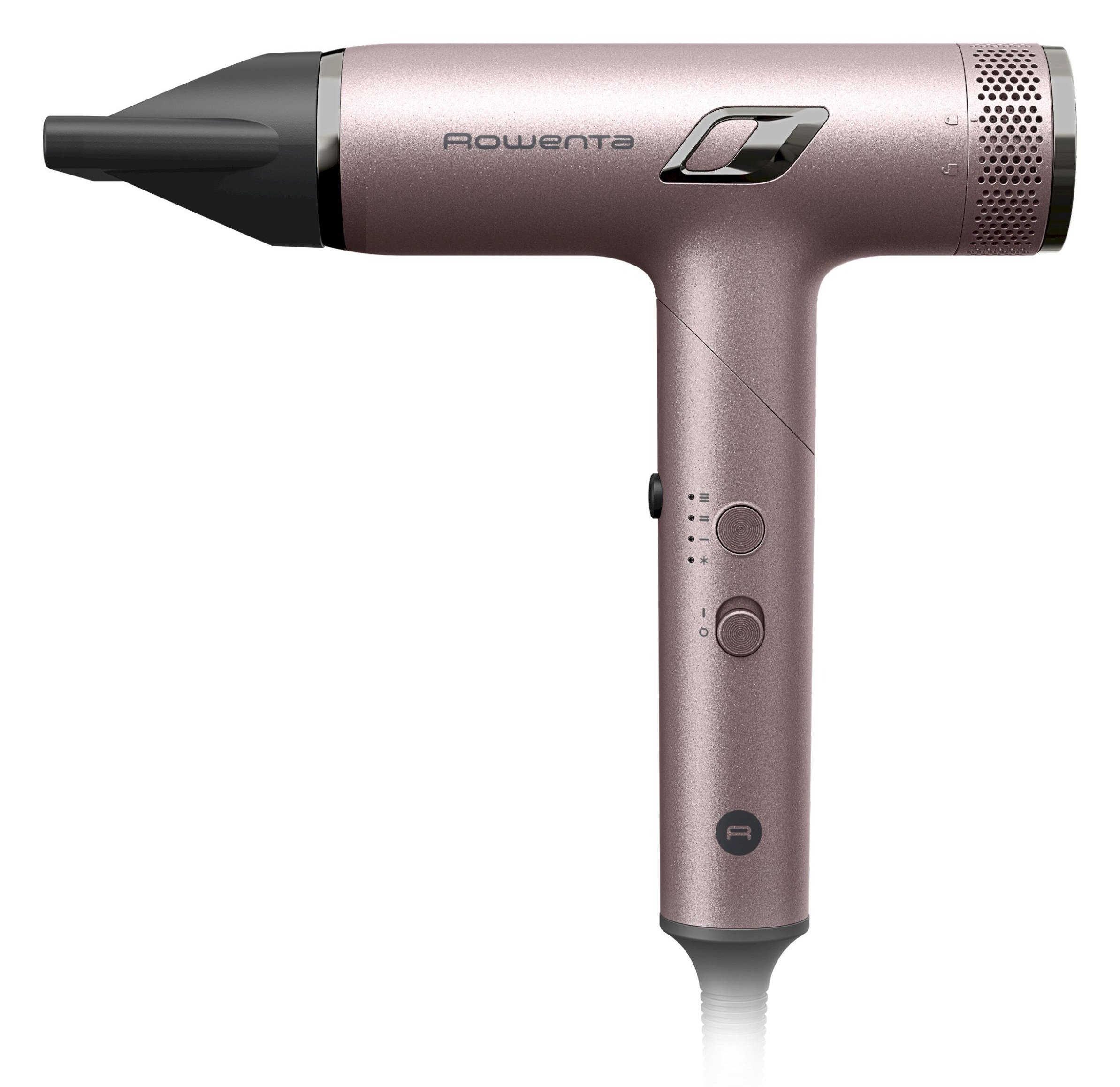 Różowozłota suszarka do włosów z czarną dyszą i przyciskami sterującymi.