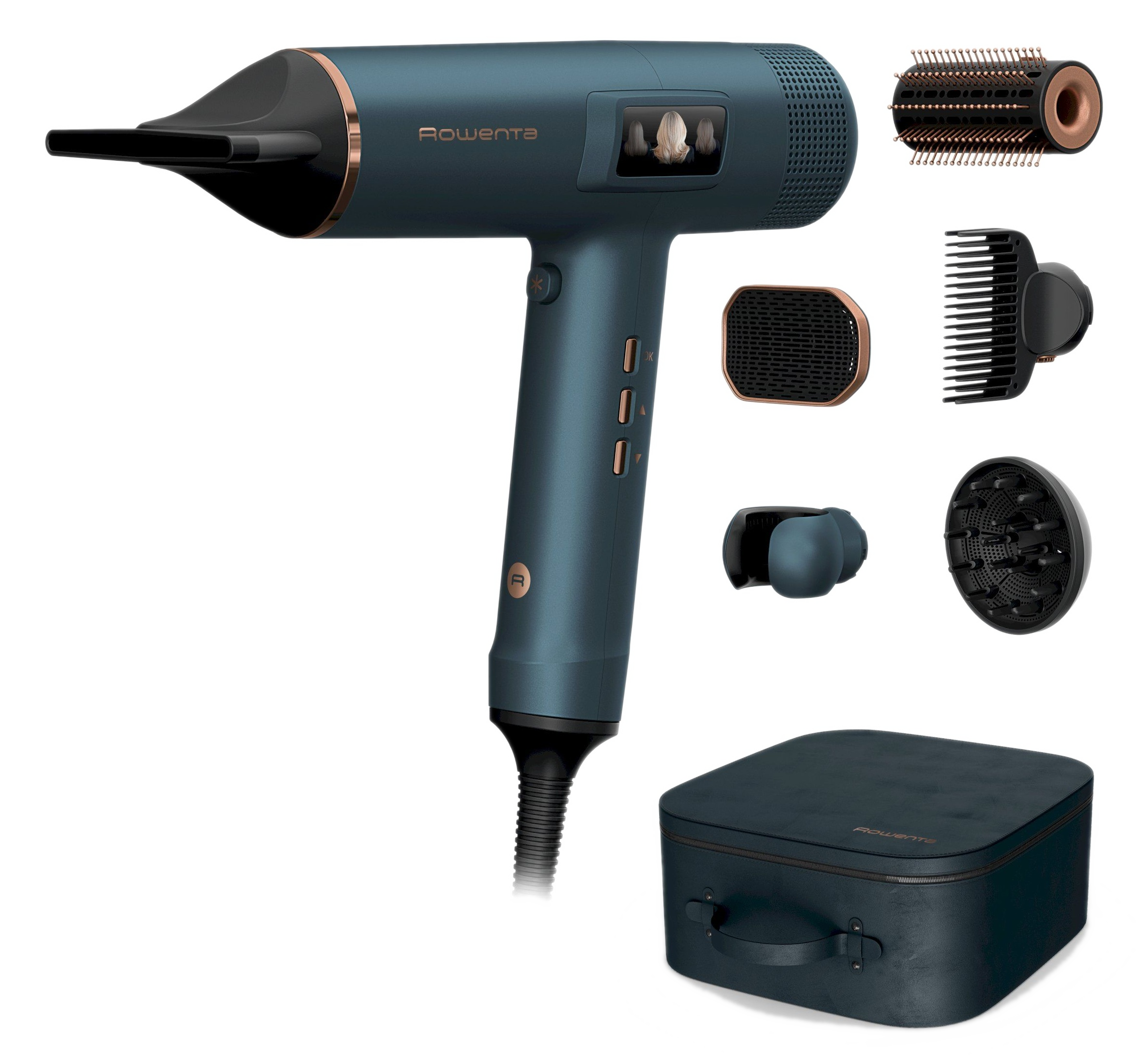 Niebieska suszarka do włosów z akcesoriami i etui na czarnym tle.