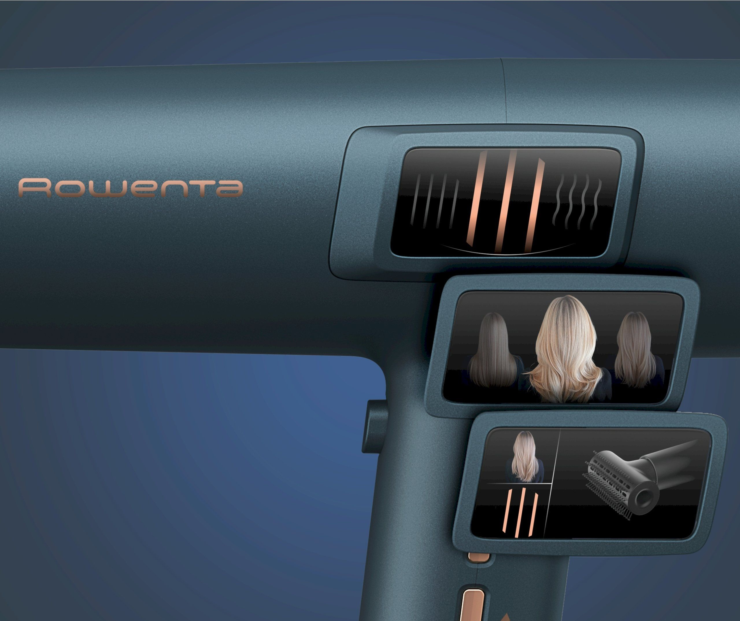 Turkusowa suszarka do włosów z trzema ekranami pokazującymi powietrze, włosy i szczotkę.