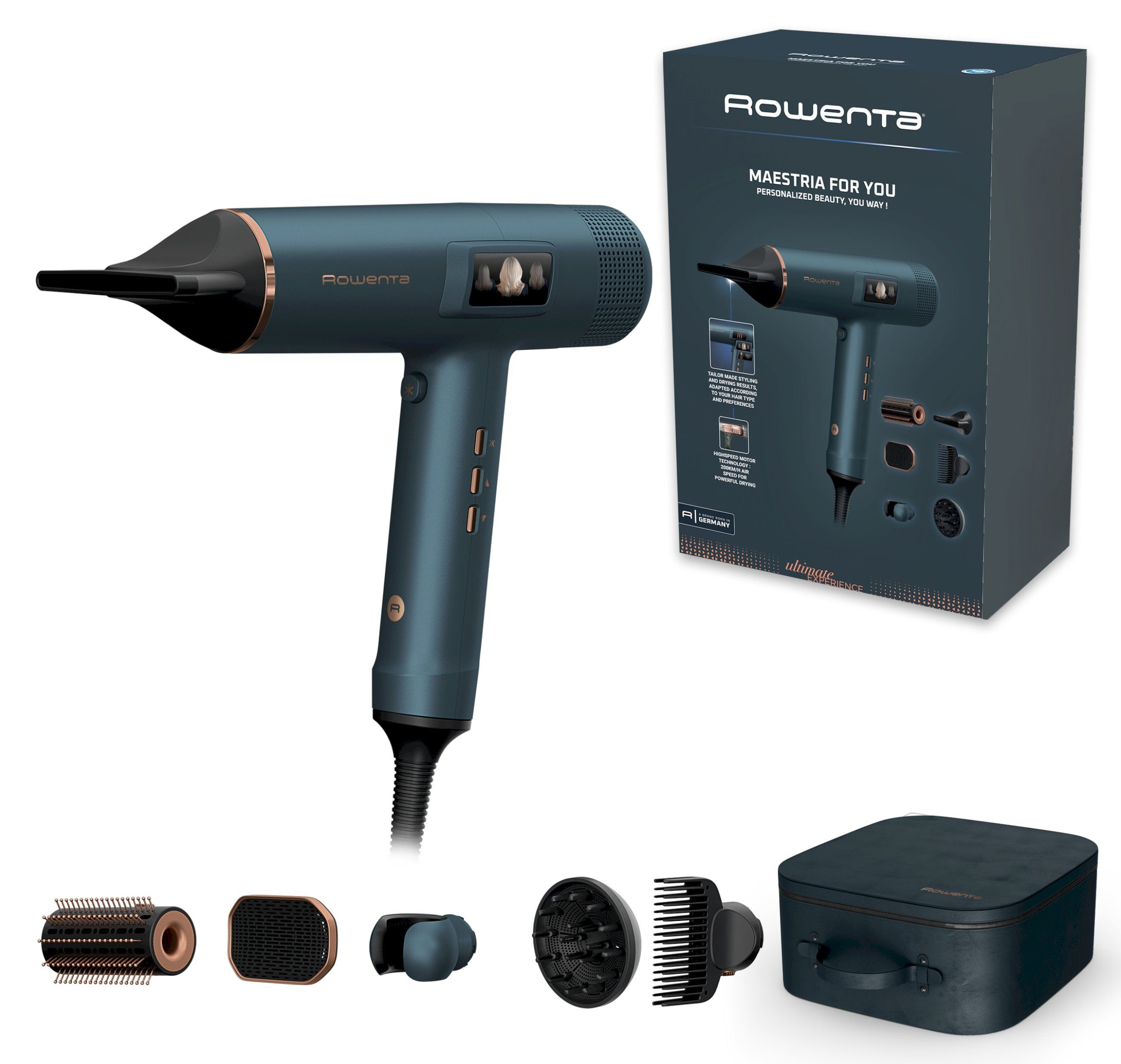 Niebieska suszarka do włosów z akcesoriami i opakowaniem. Zawiera dysze, dyfuzor i etui.