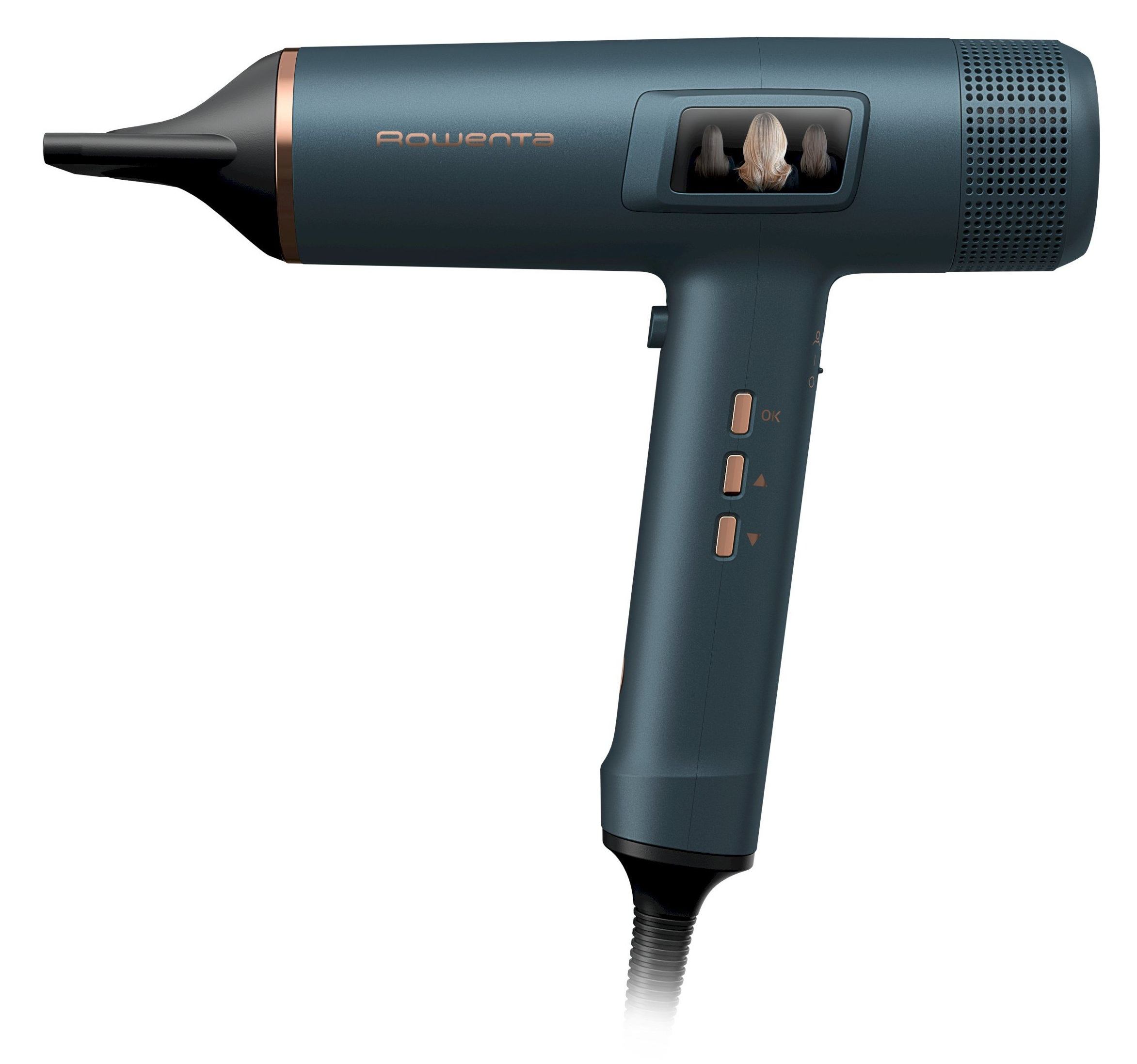 Niebieska suszarka do włosów z wyświetlaczem i złotymi akcentami na białym tle.