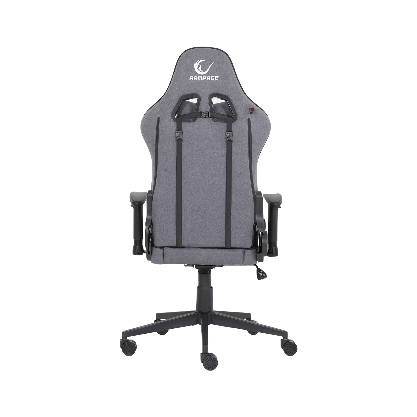 Siyah tabanlı ve tekerlekli gri ofis koltuğu.