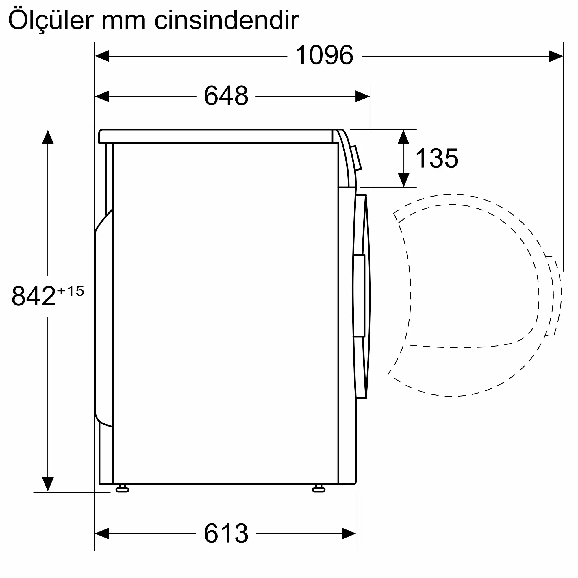 Boyutlarıyla bir çamaşır makinesinin teknik çizimi.