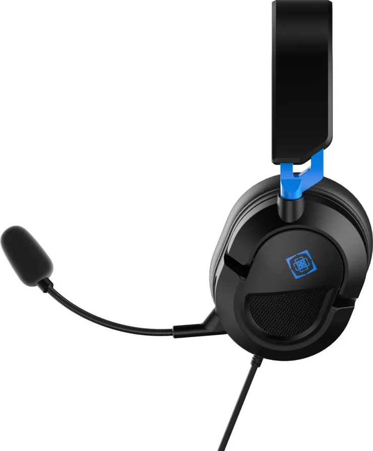 Cuffie da gaming nere con microfono, accento blu e logo.