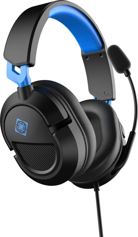 Cuffie da gaming nere con accenti blu e microfono.