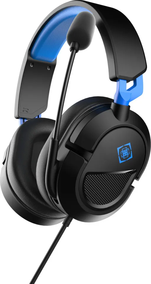 Cuffie da gioco nere con accenti blu, microfono e cavo.