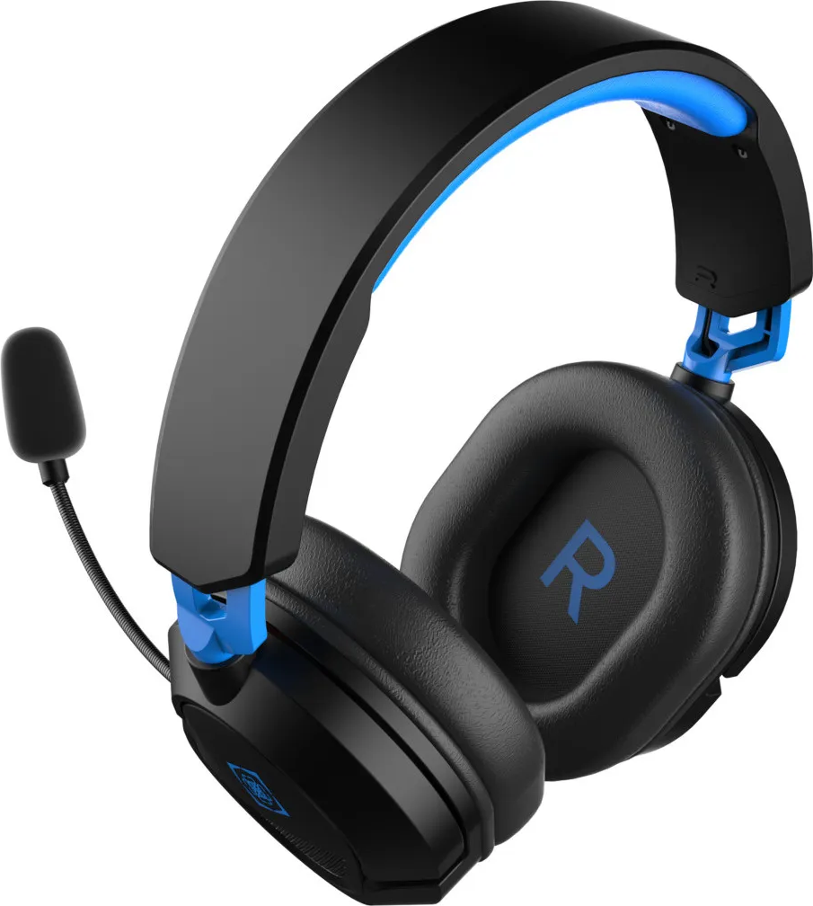 Cuffie nere con accenti blu e microfono. Logo 'R'.