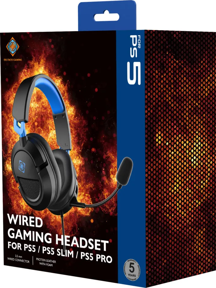 Cuffie da gaming nere con microfono e accenti blu su confezione PS5.