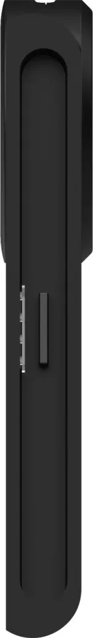 Objet rectangulaire noir avec un bord incurvé et une fente étroite.