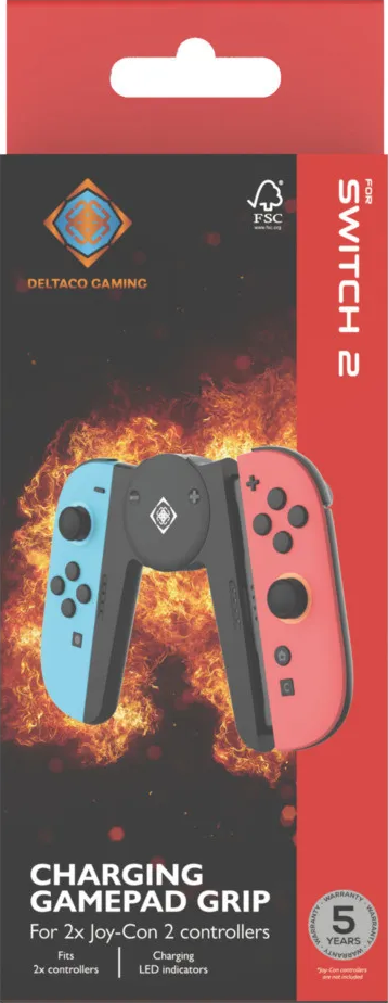 Poignée de manette de chargement pour 2 Joy-Cons sur fond rouge avec flammes.