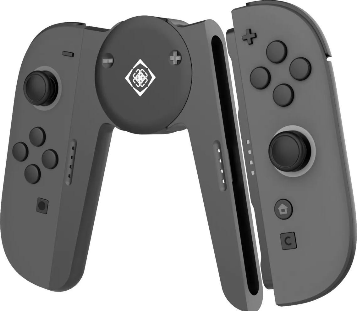 Poignées de manette grises avec joysticks et boutons, reliées par un support.