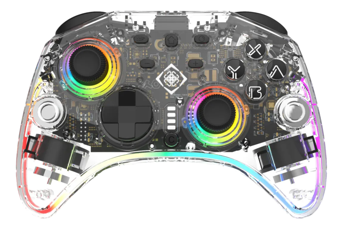 Controller da gioco trasparente con accenti LED colorati e componenti interni visibili.