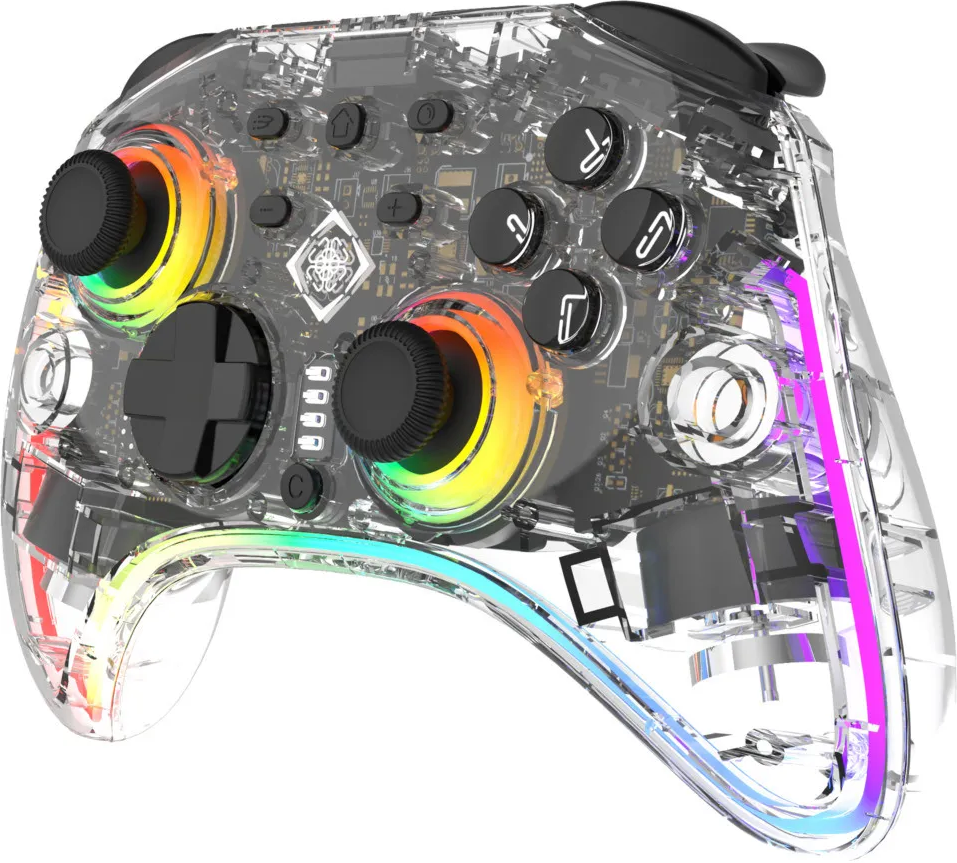 Controller trasparente con luci colorate e circuiti interni visibili.