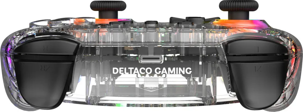 Controller da gioco trasparente con illuminazione RGB e logo DELTACO GAMING.