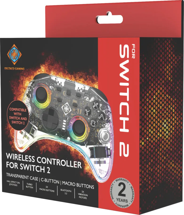 Un controller da gioco trasparente per Switch 2 con LED arcobaleno e design fiamme.