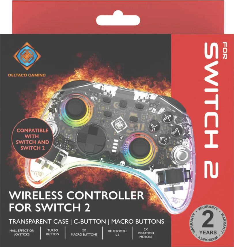 Controller trasparente per Switch 2 con LED arcobaleno, accenti di fiamma e informazioni sul prodotto.
